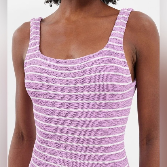 NWT Hunza G Helena Christensen Striped Crinkle Knit Swimsuit Pink One Piece New - Picture 3 of 13